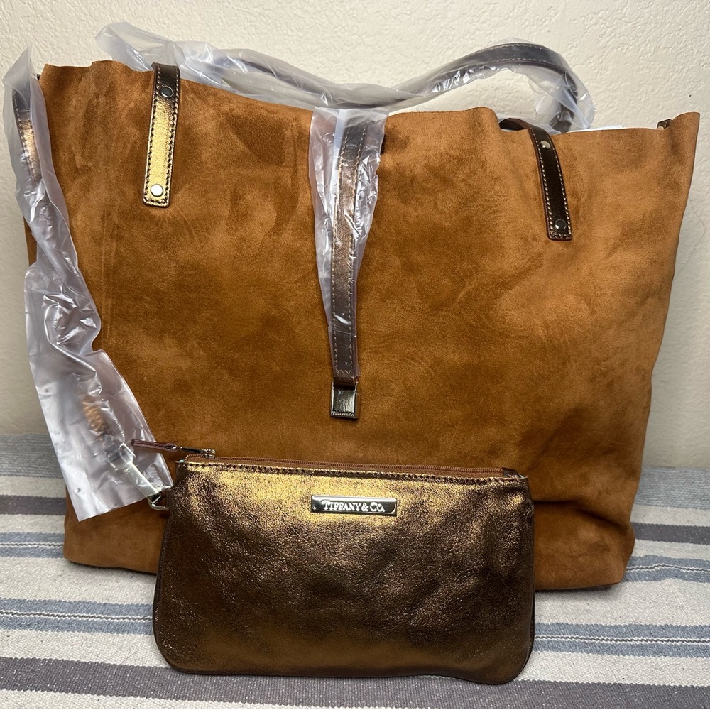 New! Tiffany and Co. Large Reversible Tote Bag with Wristlet - Leather and Suede